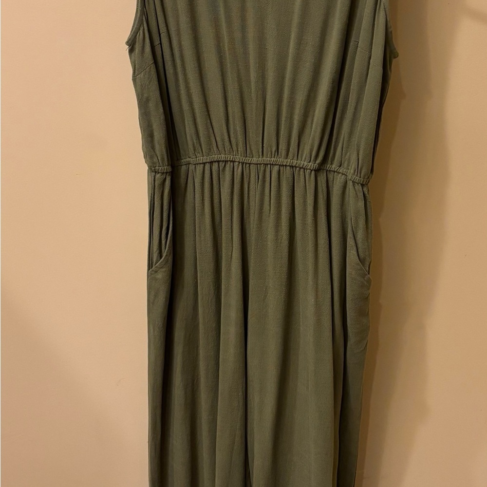 Double Zero Olive Green Jumpsuit Size L Wide Leg Elastic Waist Pockets - Picture 2 of 5